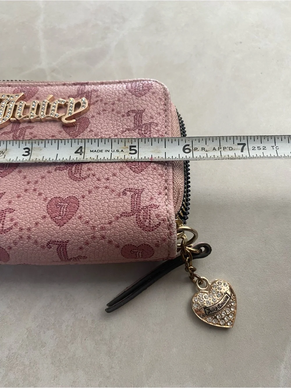 Juicy Couture Dusty Rose Logo Heart Zip Wallet with Gold Accents